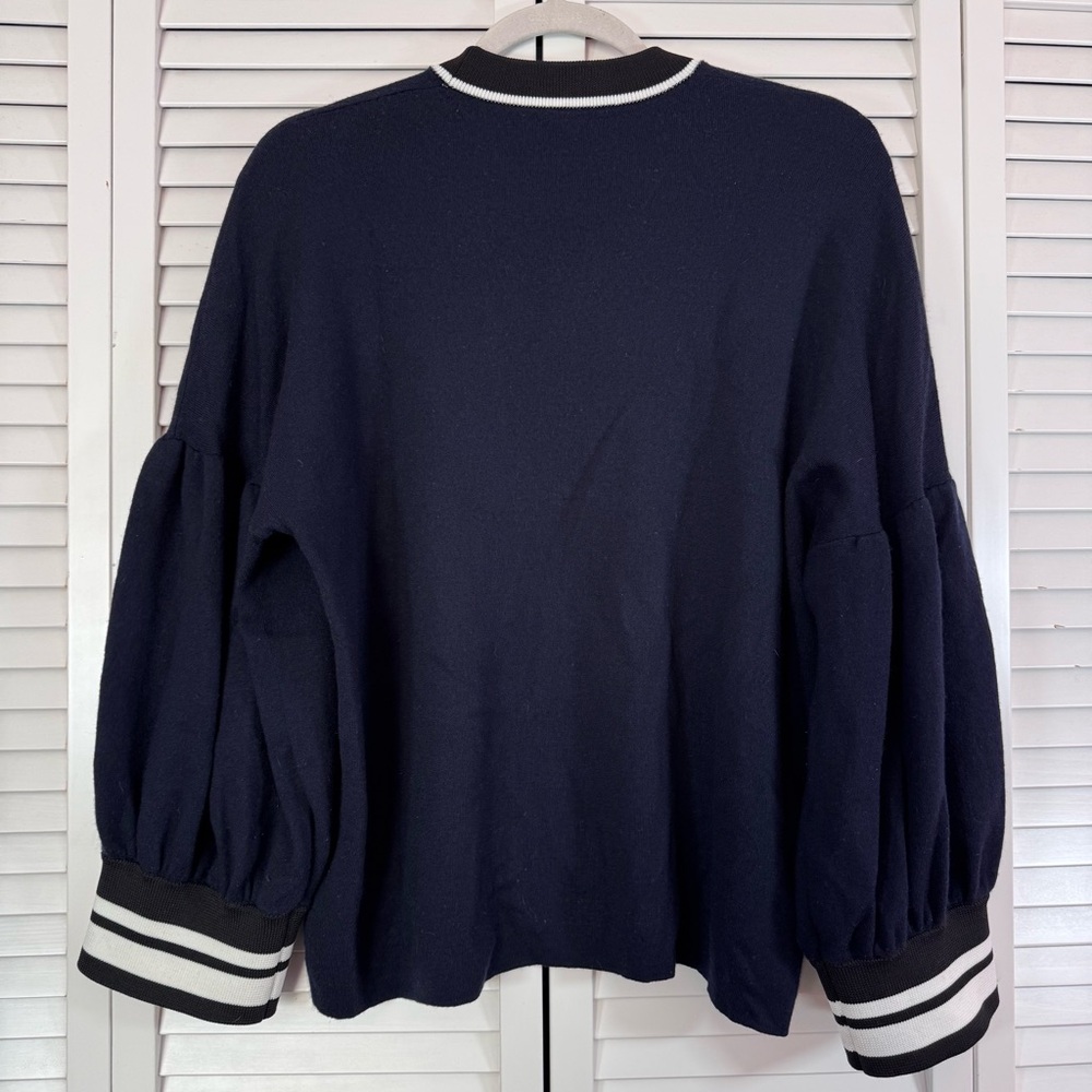 Tibi Merino Wool Puff Sleeve Pullover Sweater Navy Preppy Size Large - Picture 6 of 8